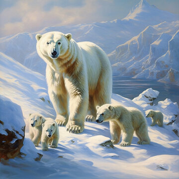 polar bear with young bears on snow  - AI generated image