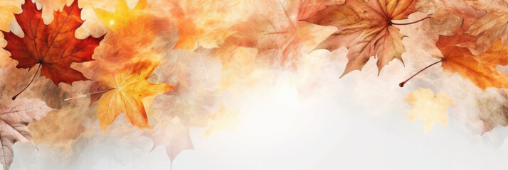 Colorful autumn leaves background. Panoramic format with copyspace for text. AI generative. - obrazy, fototapety, plakaty