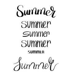Summer hand drawn brush letterings set. Summer typography with sun and palm trees. Black and white lettering. Hand drawn summertime.