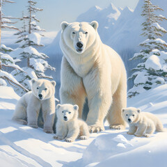 Naklejka premium polar bear with young bears on snow - AI generated image