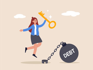 Debt free concept. Freedom for pay off debts, loan or mortgage, solution to solve financial problem. Savings or investment to break free. Happy woman holding key after unlock debt burden chain.
