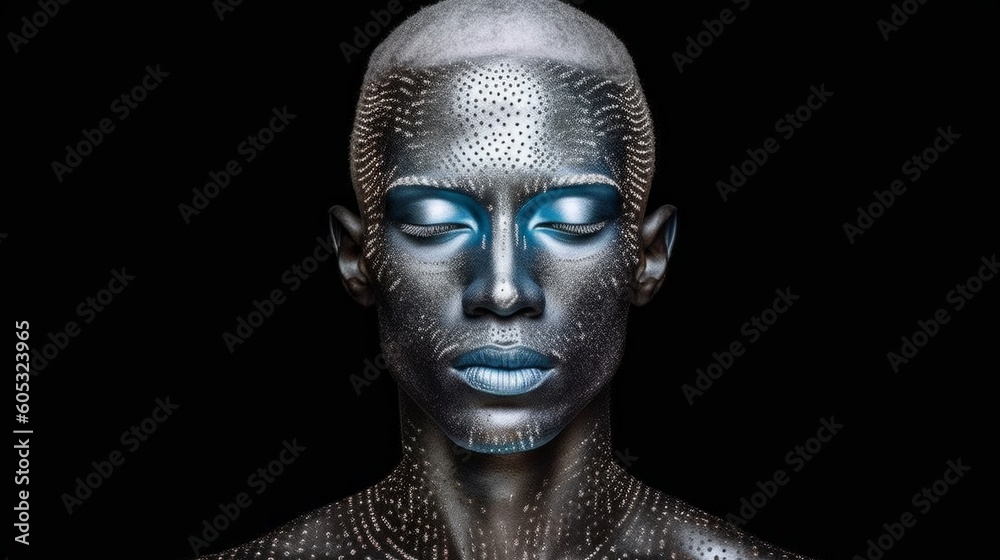 Wall mural alien faces design concept. modern portrait of a stylish android man, brutal model face in makeup. c