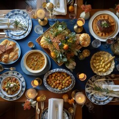 Fototapeta na wymiar Thanksgiving Feast: Top View of Table with Dishes and Decor. Generative AI