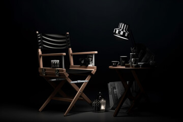 Director Chair, Movie Clapper and Megaphone in the volumetric light on a black background, generative ai