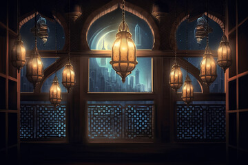 Moonlight shining through the window to the inside of an Islamic mosque with hanging lanterns, generative ai