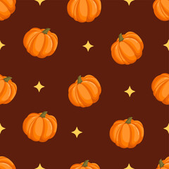 Seamless pattern with autumn pumpkins and stars. October harvest. Thanksgiving and Halloween. Vector illustration for fabrics, textures, wallpapers, posters, cards. Editable elements.