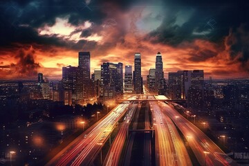 Obraz premium Lights in Motion: Long Exposure Night View of Urban Cityscape - AI Generative