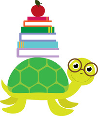 Vector illustration of cute turtle in glasses with pile of books and apple in cartoon style. Back to school template