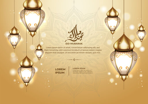 Eid mubarak with lantern on a light background