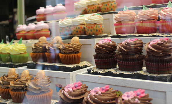 Delicious Delights: Colorful Assortment of Belgian Cupcakes chocolates in a Bakery Showcase