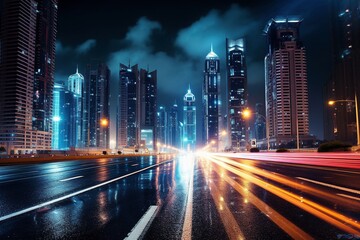 Lights in Motion: Long Exposure Night View of Urban Cityscape - AI Generative