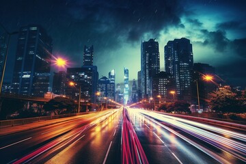 Fototapeta na wymiar Lights in Motion: Long Exposure Night View of Urban Cityscape - AI Generative