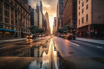 Fototapeta na wymiar Sunrise Symphony: Future New York City with Marvelous Sky Reflections.