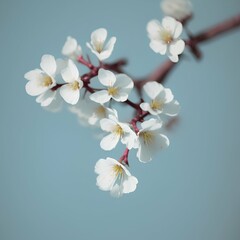 Fresh branch of white cherry blossoms on a light blue background. Pastel color. Close-up. - generative ai
