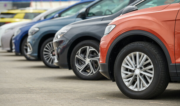 Row of cars. Rental services or buying and sale of used automobiles