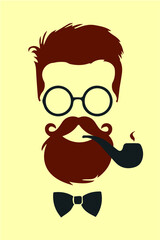 Smoking Cartoon Hipster: Flat 2D Vector Illustration with Beard, Glasses, and Cigarette