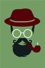 Trendy Hipster Smoking Poster: Colorful Flat Cartoon Vector with Beard, Glasses, and Smoke