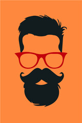 Colorful Cartoon Hipster Face: Flat 2D Vector Illustration with Beard and Glasses