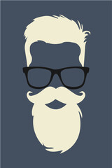Colorful Cartoon Hipster Face: Flat 2D Vector Illustration with Beard and Glasses