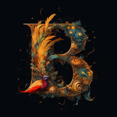 The letter B in a mythical way on black background,Generative AI