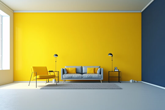 Modern Living Room Interior With Vibrant Orange Blue and Yellow Wall Colors for Mockup Design - 8K Ultra High Resolution - Generative AI