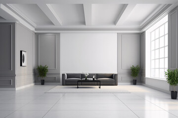 Fototapeta na wymiar Modern Living Room Interior With Elegant Black Furniture and White - Gray Wall Colors for Mockup Design - 8K Ultra High Resolution - Generative AI