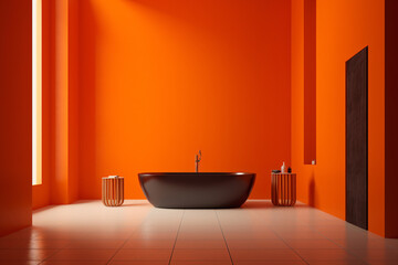 Fototapeta na wymiar Modern Bathroom Interior With Vibrant Red Orange Walls Colors for Mockup Design - 8K Ultra High Resolution - Generative AI