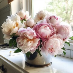 Fresh White and Pink Peonies from Garden. Generative AI