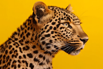 Fototapeta na wymiar Leopard on a yellow background. Neural network AI generated art Generative AI
