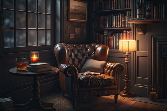 A Cozy Reading Nook With Brown Leather Chair, A Stack Of Books, And A Glass Of Wine, Created With Generative Ai