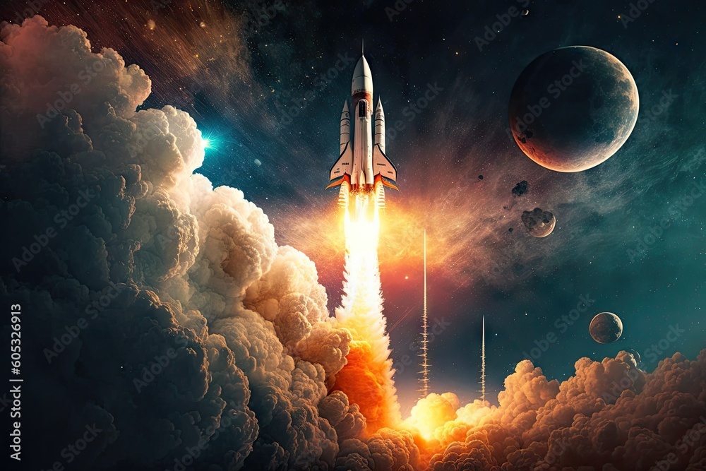 Sticker rocket launching into space, with planet and stars in the background, created with generative ai