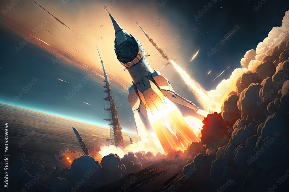 Wall mural rocket start, with view of space station in the background, created with generative ai