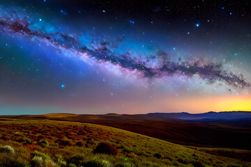 Grassy plain under the night sky, stars, galaxies, shroud, steppe. Generative AI