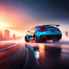 Plakat Sport car on the road in the city at sunset 3d rendering (Ai Generated)