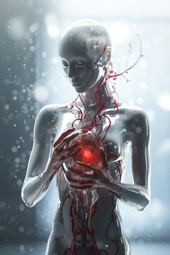 futuristic humanoid female person, based on liquid water, transparent, Holds red heart symbol in hands, protection