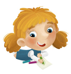 cartoon scene with young girl having fun resting and drawing leisure free time isolated illustration for kids