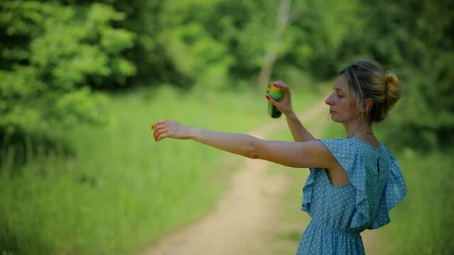 Using anti-mosquito and flea spray . Spraying repellent insects ticks