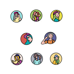 in every window pane women wore sun hats of various styles. minimal flat design style vector illustration