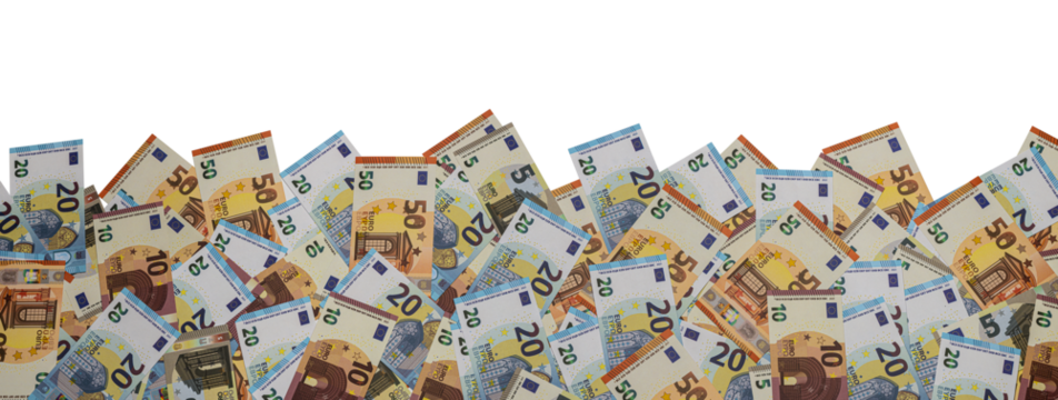 a heap of different euro banknotes on transparent background PNG file for banner, panorama or border