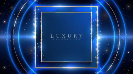 Obraz premium Blue square frame with golden circle with light rays decoration on dark background. Luxury style design concept.