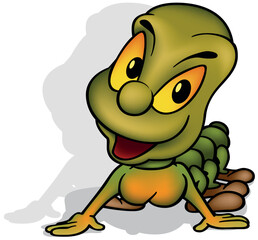 Green Caterpillar with a Big Smile and Yellow Eyes