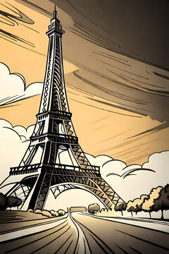 Eiffel Tower pencil drawing. AI generated illustration