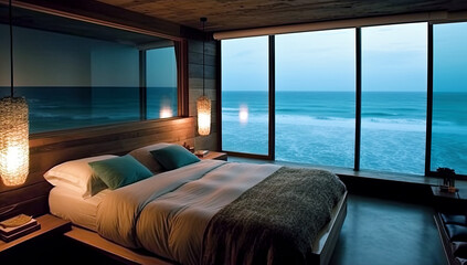 interior of hotel bedroom with bed with a view of sea through the window. Generative AI illustration