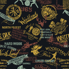 Lumberjack woodsman badge symbols and silhouettes patchwork grunge vector seamless pattern - obrazy, fototapety, plakaty