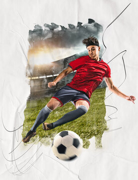 Art collage with soccer football player in uniform kicking the ball over field with green grass background. Scoring a goal. Concept of sport, team game, championship