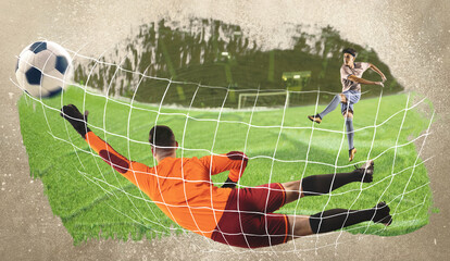 Dynamic art collage of professional soccer goalkeeper in sports uniform jumping and catching ball...