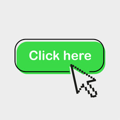 Click here green button with arrow pointer clicking icon. Web button. Flat vector illustration.