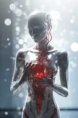 futuristic humanoid female person, based on liquid water, transparent, Holds red heart symbol in hands, protection the heart, 