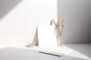 Blank wedding invitation card mock up with natural flowers for decorated on white background, minimal design, generative Ai