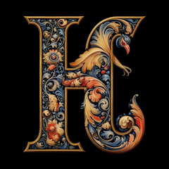 The letter H in a mythical way on black background,Generative AI
